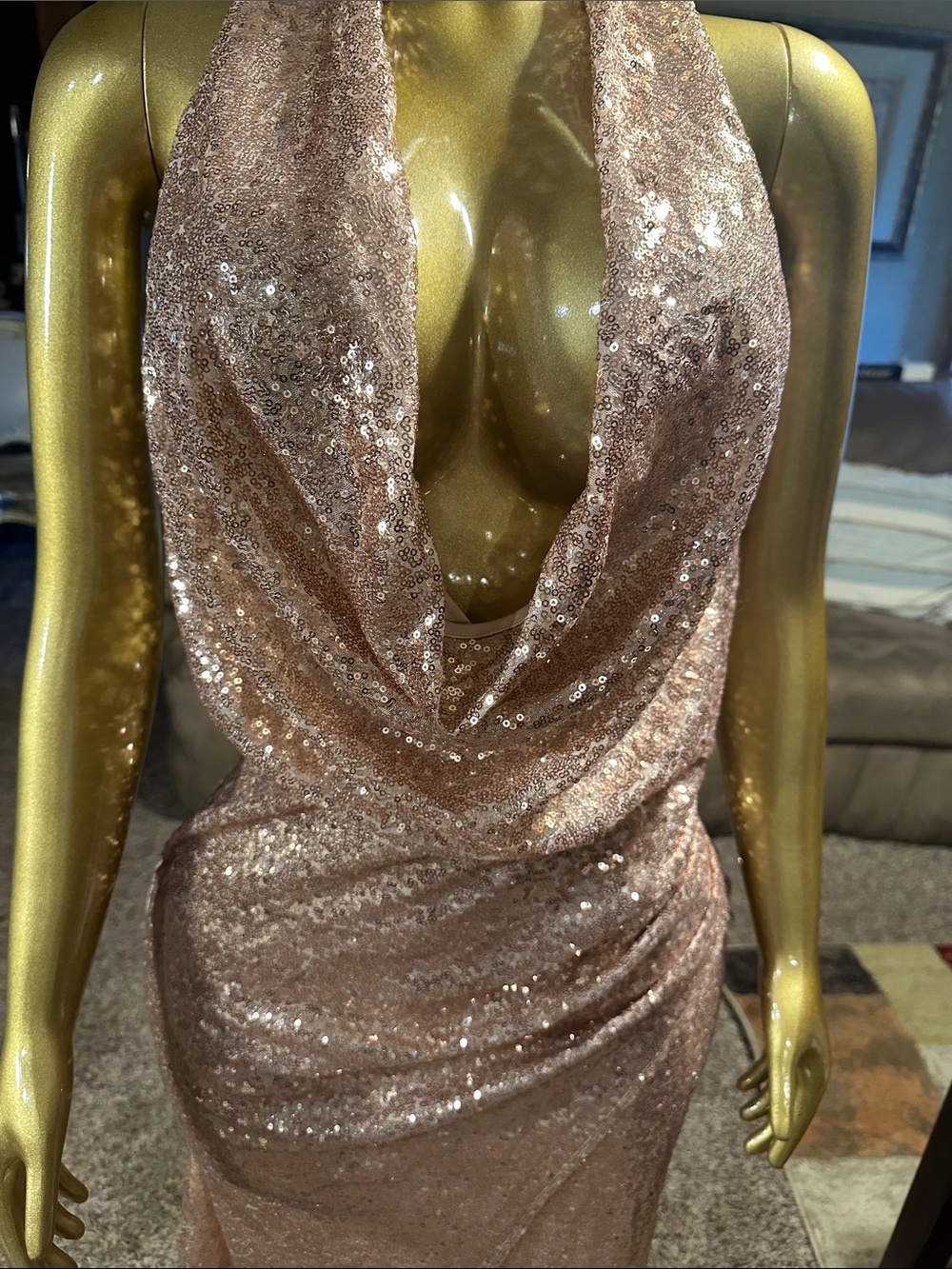 Sequined Cowl Halter Prom Dress in Rose Gold - Picture 2 of 10